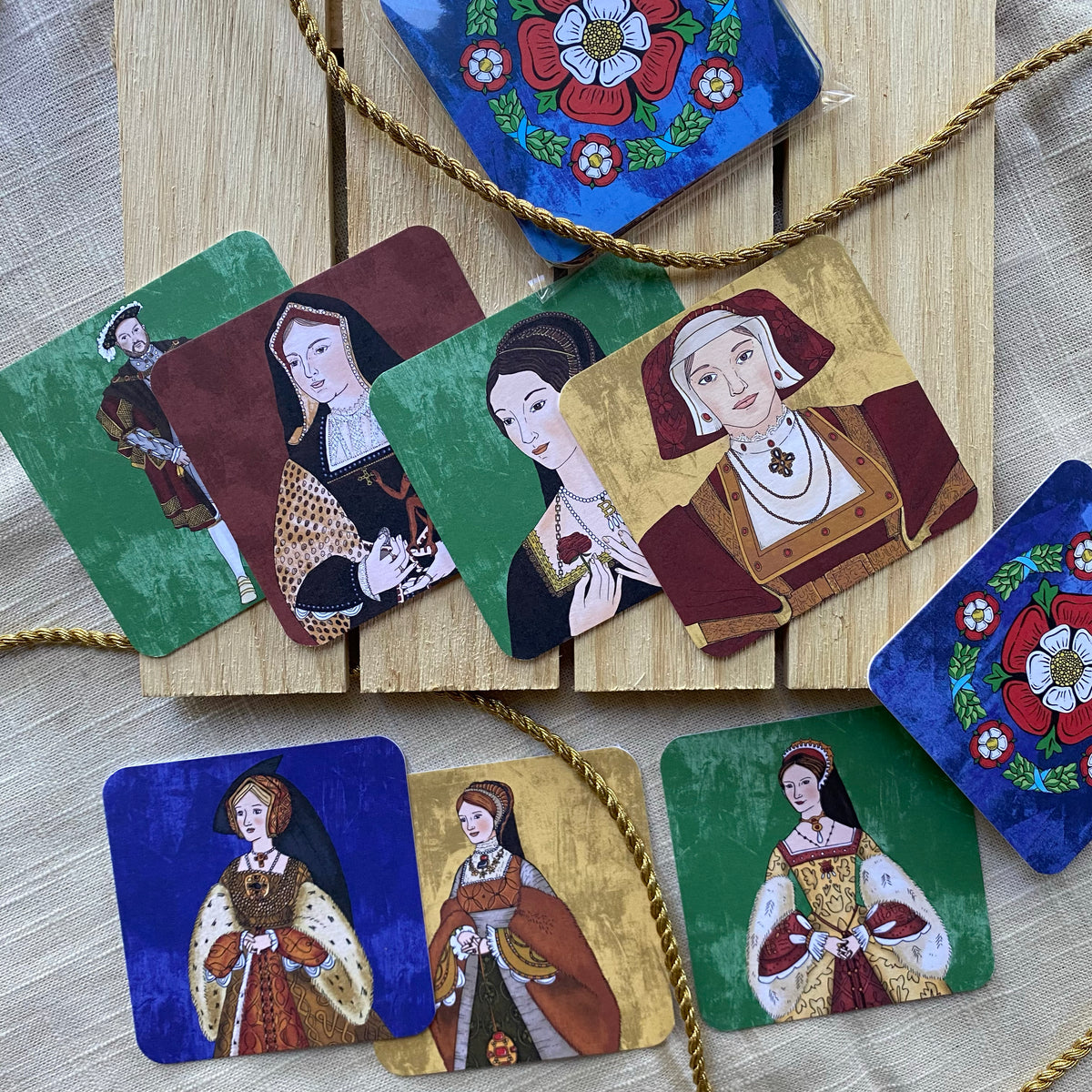  Anne Boleyn Tudor Rose Premium Leather Coasters - Set of 6 with  Holder