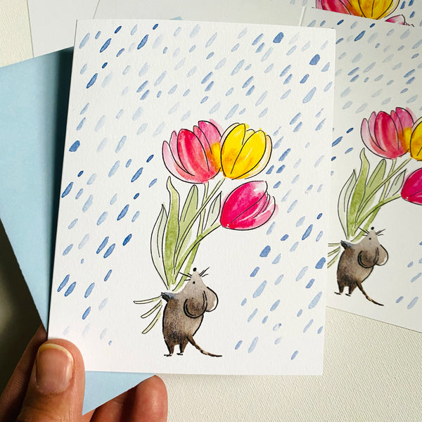 Mouse with Tulips in the Rain Notecard