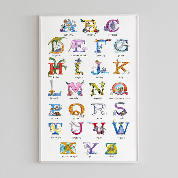 Fantasy Alphabet Poster with Creatures and Magical Symbols for Letters A to Z