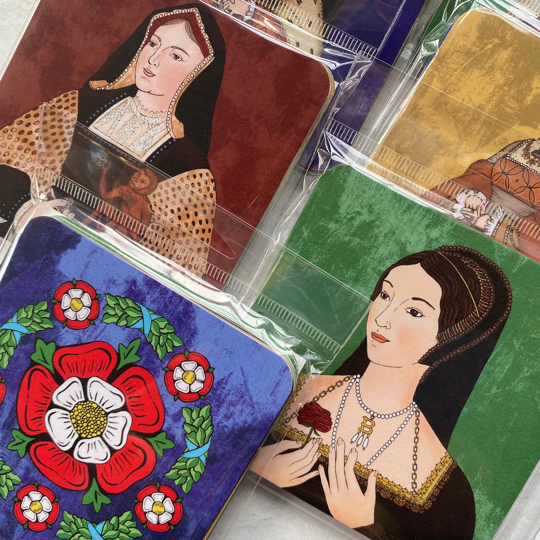  Anne Boleyn Tudor Rose Premium Leather Coasters - Set of 6 with  Holder
