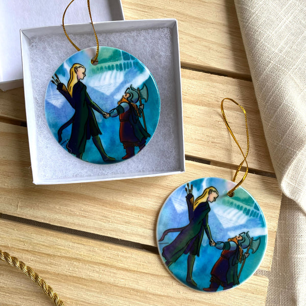 Legolas and Gimli Lord of the Rings Round Ceramic Christmas Ornament