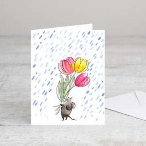 Mouse with Tulips in the Rain Notecard