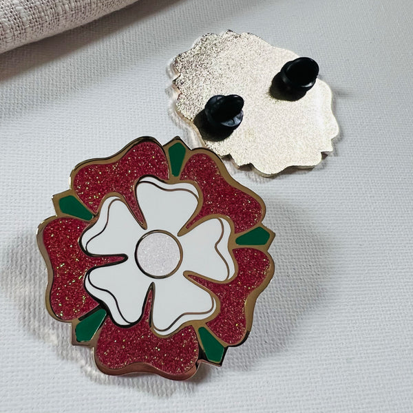 Shiny Tudor Rose Metallic Brooch with Red and Green Enamel Color